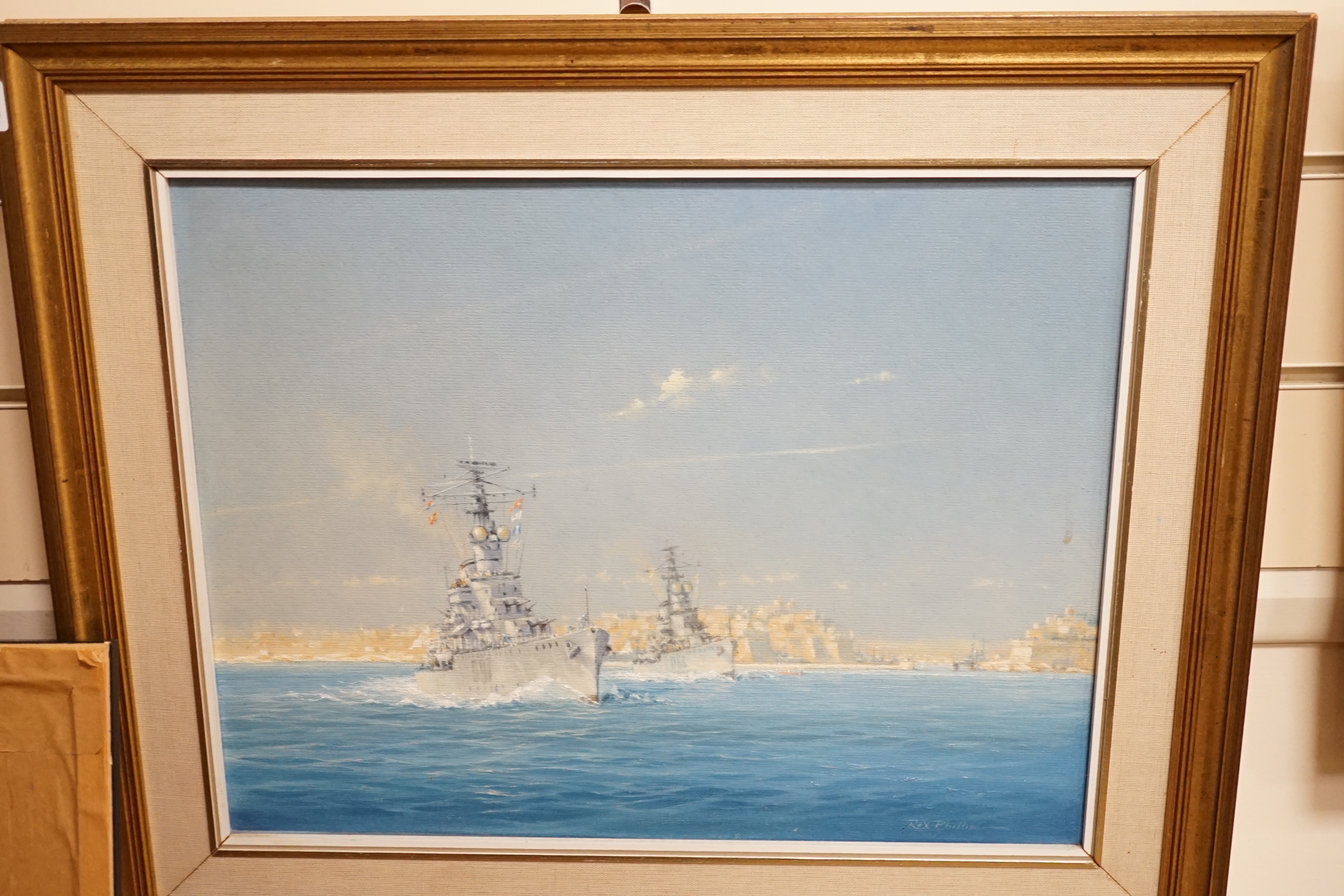 Cmdr. Rex Phillips (1931-2015), oil on board, 'Proceed with Dispatch HMS Corunna and Barrosa sail from Malta', signed, At The Mall Galleries inscribed label verso, 33 x 44cm. Condition - good